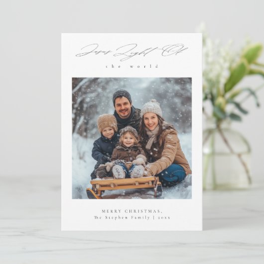 Light of the World Snowy Religious Family Photo Feestdagenkaart (Staand voorkant)