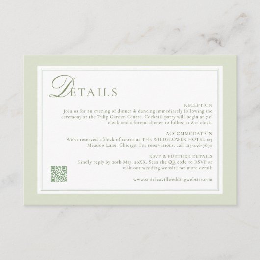 Light Olive Green Wedding Details Card Informatiekaartje (Voorkant)