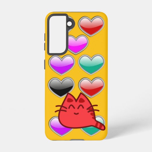 Light Orange Galaxy Case – Red Cat & Heart Design Samsung Galaxy Hoesje (Achterkant)