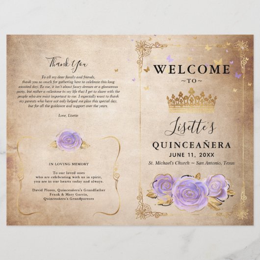 Light Paars Gold Parchment Quinceanera-programma (Voorkant)