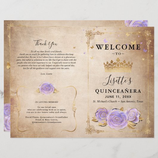 Light Paars Gold Parchment Quinceanera-programma (Voorkant / Achterkant)