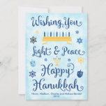 Light & Peace Happy Hanukkah Feestdagenkaart<br><div class="desc">In Jewish Hanukkah theme card met een menorah,  Star of David and Driedel. The text reads Wishing You Light & Peace Happy Hanukkah. The background is a light blue watercolor wash. Click Customize It to personalize the back with your own message,  foto and/or company logo.</div>