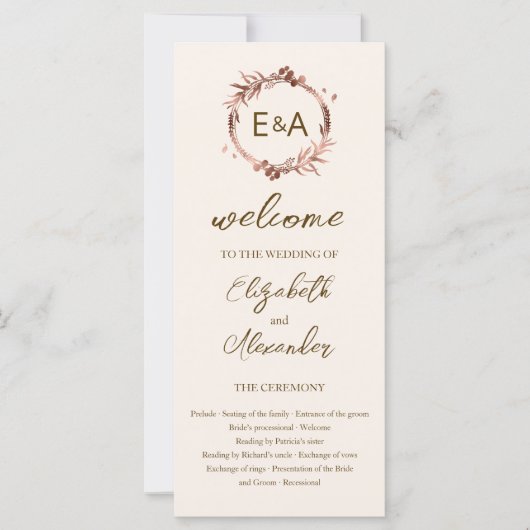Light Peach Monogram Weddenschappen-programma (Voorkant)