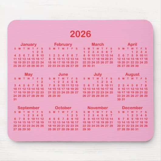 Light Pink and Red 2026 Calendar Muismat (Voorkant)