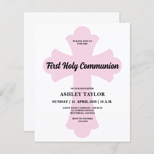 Light Pink Cross First Holy Communion Invitation (Voorkant / Achterkant)