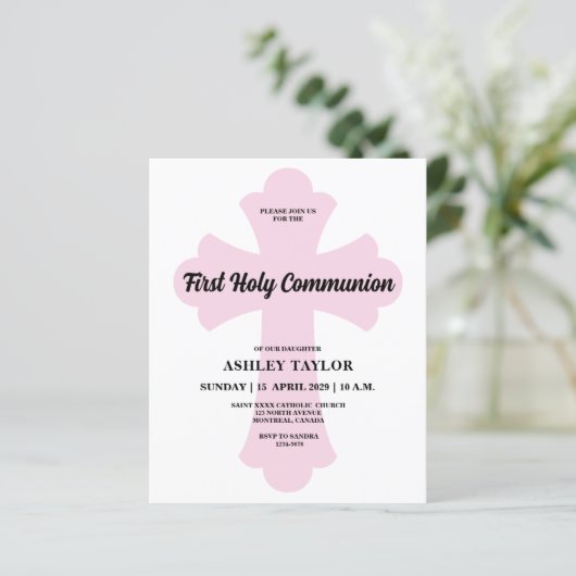 Light Pink Cross First Holy Communion Invitation (Staand voorkant)