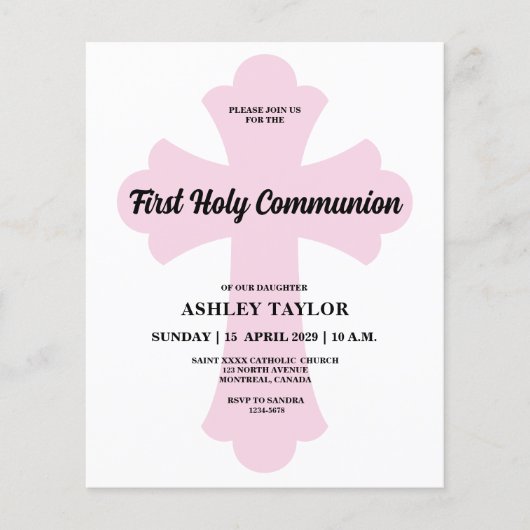 Light Pink Cross First Holy Communion Invitation (Voorkant)
