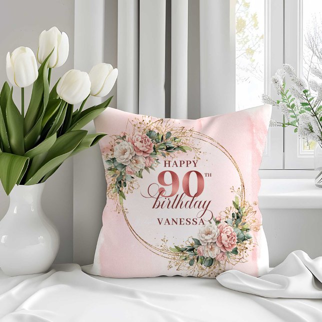 Light Pink Floral Greenery 90th Birthday Pillow Kussen (Light Pink Floral Greenery 90th Birthday Pillow)