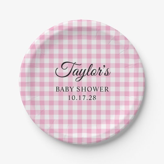 Light Pink Gingham Plaid Baby Shower Papieren Bordje (Voorkant)