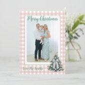 Light Pink & Green Gingham Grandmillenial Photo Feestdagenkaart (Staand voorkant)