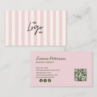 Light Pink & Ivory Stripes Bakery Logo QR Code Visitekaartje