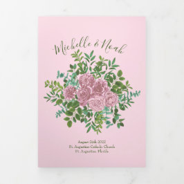Light Pink Peony & Roos Floral Wedding Programs Drieluik Programma
