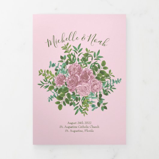 Light Pink Peony & Roos Floral Wedding Programs Drieluik Programma (Cover)