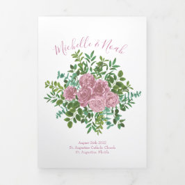 Light Pink Peony & Roos Floral Wedding Programs Drieluik Programma