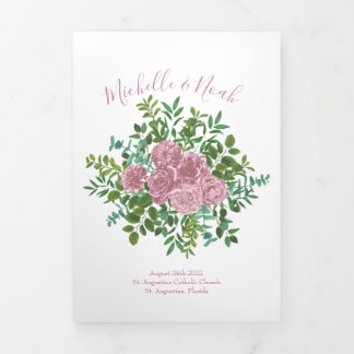 Light Pink Peony & Roos Floral Wedding Programs Drieluik Programma
