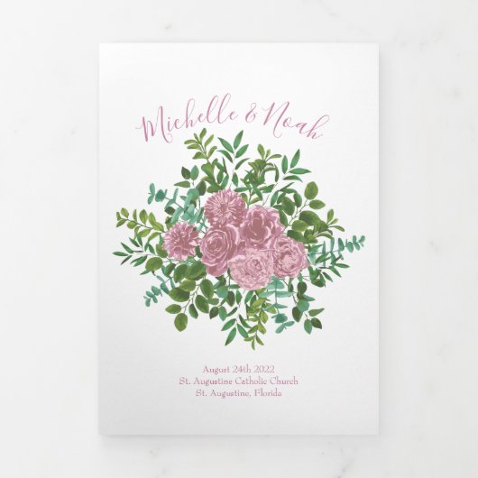 Light Pink Peony & Roos Floral Wedding Programs Drieluik Programma (Cover)