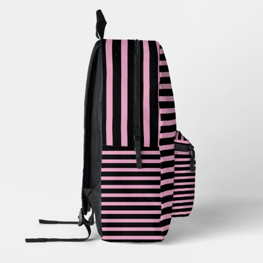 Light Pink Striped Backpack on Black Bedrukte Rugzak (Links)