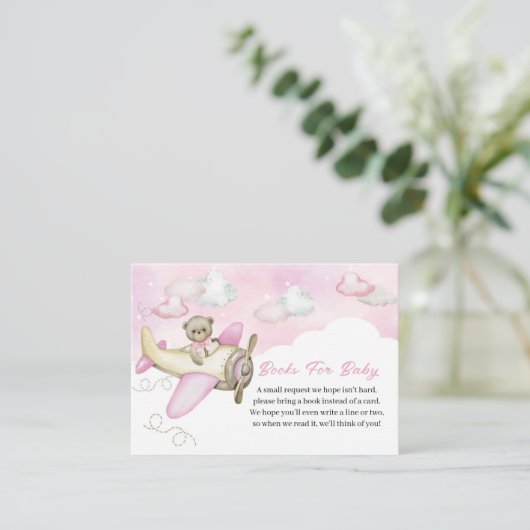 Light Pink Teddy Bear Airplane Books for Baby Informatiekaartje (Staand voorkant)