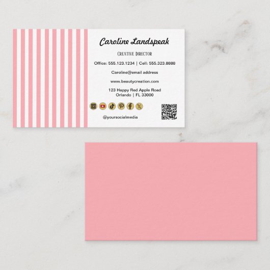 Light Pink White Stripes QR Code Social Media Icon Visitekaartje (Voorkant / Achterkant)