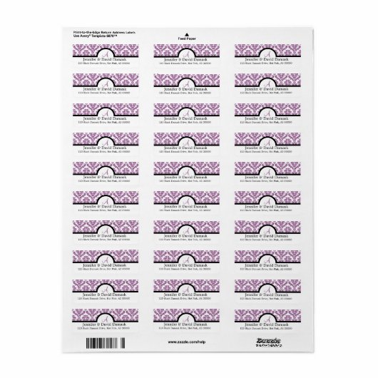 Light Plum Damask Wedding Monogram Adresetiketten Etiket (Full Sheet)