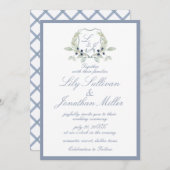 Light Powder Blue Romantic Monogram Crest Weddensc Kaart (Voorkant / Achterkant)