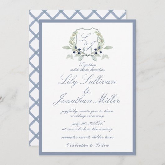 Light Powder Blue Romantic Monogram Crest Weddensc Kaart (Voorkant / Achterkant)