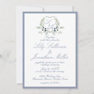Light Powder Blue Romantic Monogram Crest Weddensc Kaart