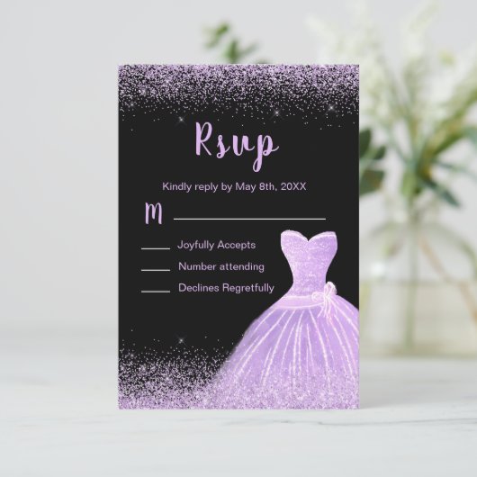 Light Purple Dress Faux Glitter Quinceanera RSVP Kaartje (Staand voorkant)