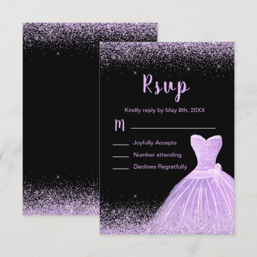 Light Purple Dress Faux Glitter Quinceanera RSVP Kaartje (Voorkant / Achterkant)