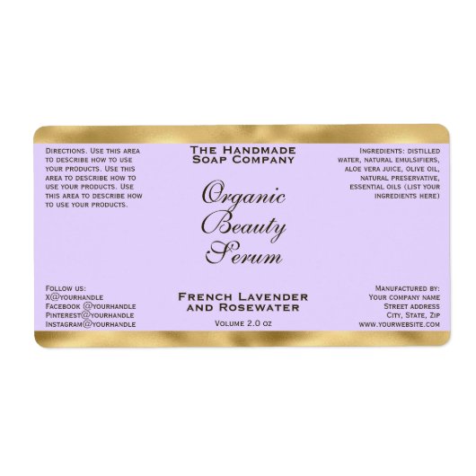 Light Purple & Gold Cosmetics Dropper Bottle Label (Voorkant)