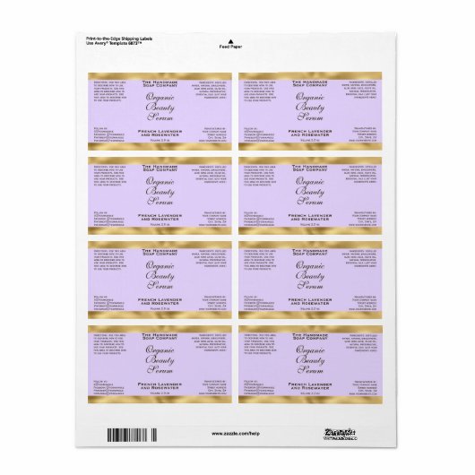 Light Purple & Gold Cosmetics Dropper Bottle Label (Full Sheet)