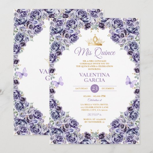 Light Purple Quinceañera 15 Anos Floral Gold Crown Kaart (Voorkant / Achterkant)