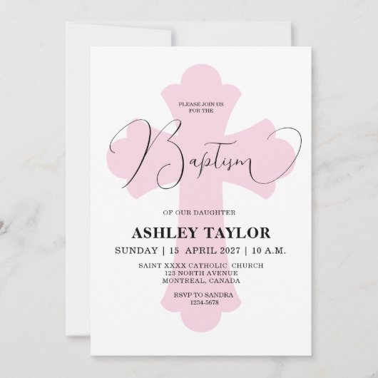 Light Roze Cross Baptisme-uitnodiging Kaart (Voorkant)
