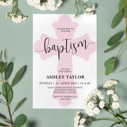 Light Roze Cross Baptisme-uitnodiging Kaart