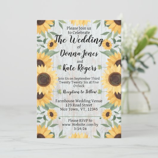 Light Rustic Sunflower Wedding Invitation Kaart (Staand voorkant)