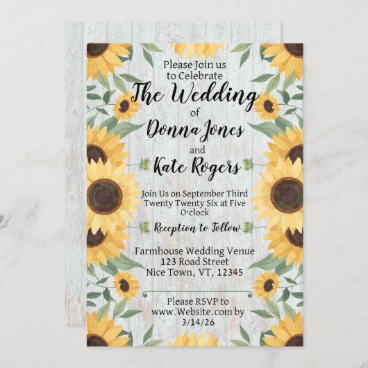 Light Rustic Sunflower Wedding Invitation Kaart (Voorkant / Achterkant)