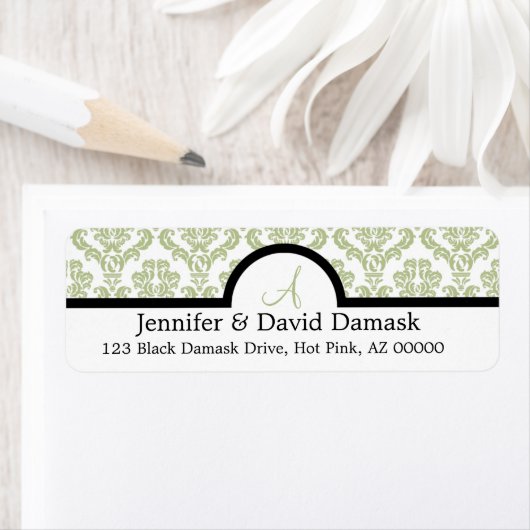 Light Sage Damask Wedding Monogram Adresetiketten Etiket (Insitu)