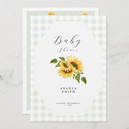 Light Sage Gingham Sunflower Generic Baby shower Kaart (Voorkant / Achterkant)