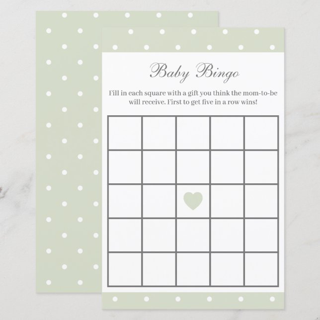 Light Sage Green Baby shower Baby Bingo spel (Voorkant / Achterkant)