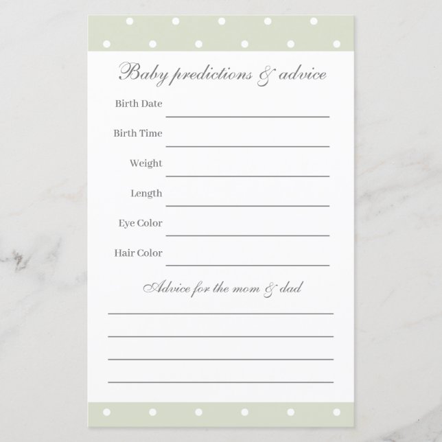 Light Sage Green Baby shower Guessing spel (Voorkant)