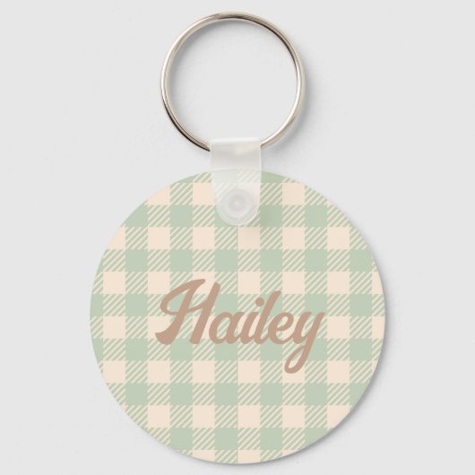 Light Sage Green Gingham gecontroleerd Plaid Weddi Sleutelhanger (Voorkant)