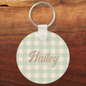 Light Sage Green Gingham gecontroleerd Plaid Weddi Sleutelhanger (Voorkant)