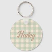 Light Sage Green Gingham gecontroleerd Plaid Weddi Sleutelhanger (Achterkant)