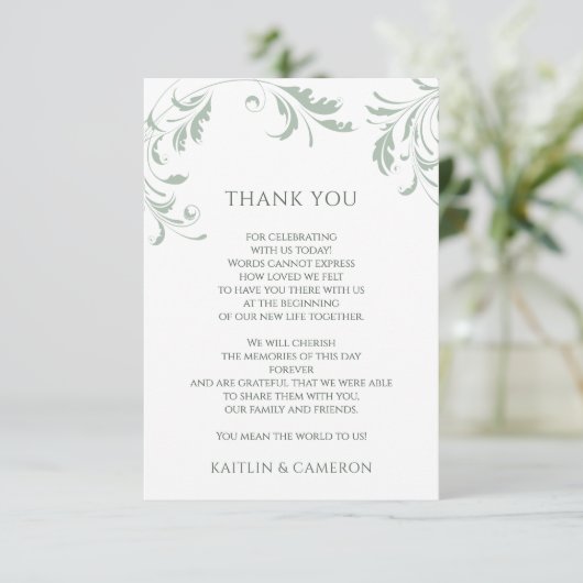 Light Sage Green Wedding  Elegant Swirls Bedankkaart (Staand voorkant)
