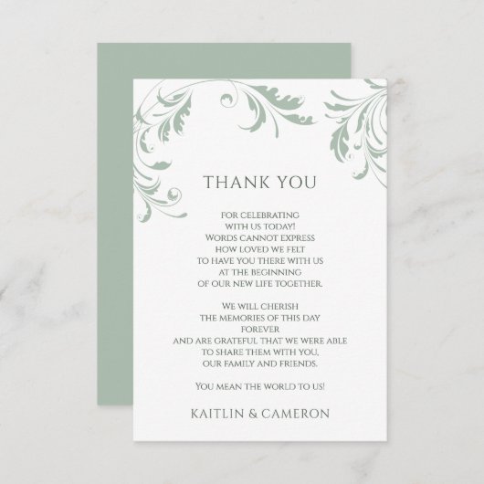 Light Sage Green Wedding  Elegant Swirls Bedankkaart (Voorkant / Achterkant)