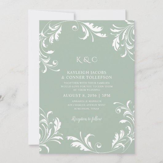 Light Sage Green Wedding  Elegant Swirls Kaart (Voorkant)