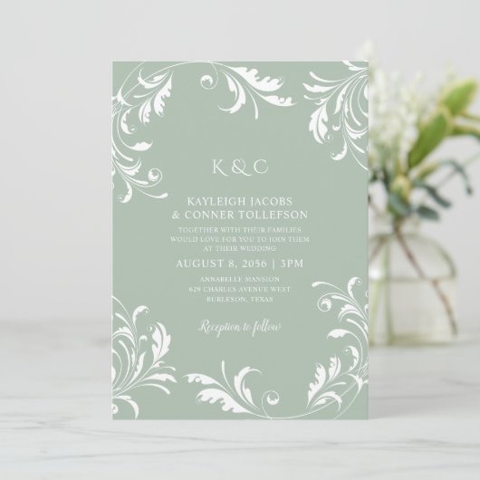 Light Sage Green Wedding  Elegant Swirls Kaart (Staand voorkant)