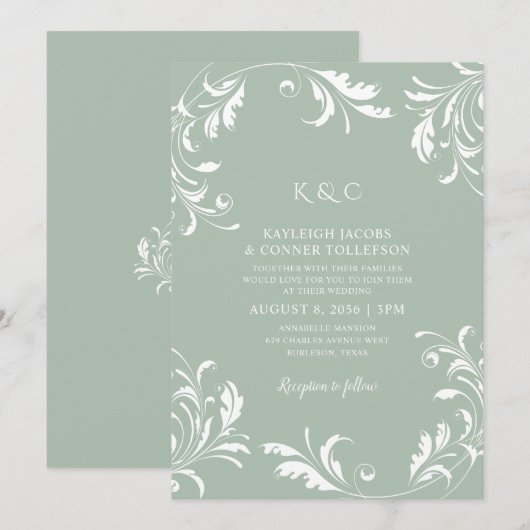 Light Sage Green Wedding  Elegant Swirls Kaart (Voorkant / Achterkant)