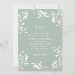 Light Sage Green Wedding  Elegant Swirls Kaart