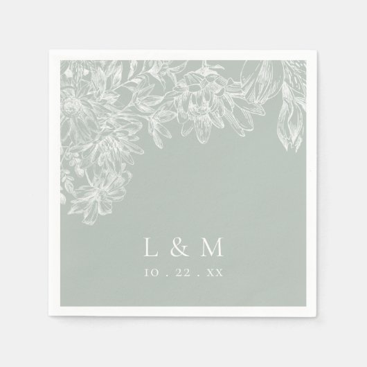 Light Sage Green White Floral Monogram Weddenschap Servet (Voorkant)